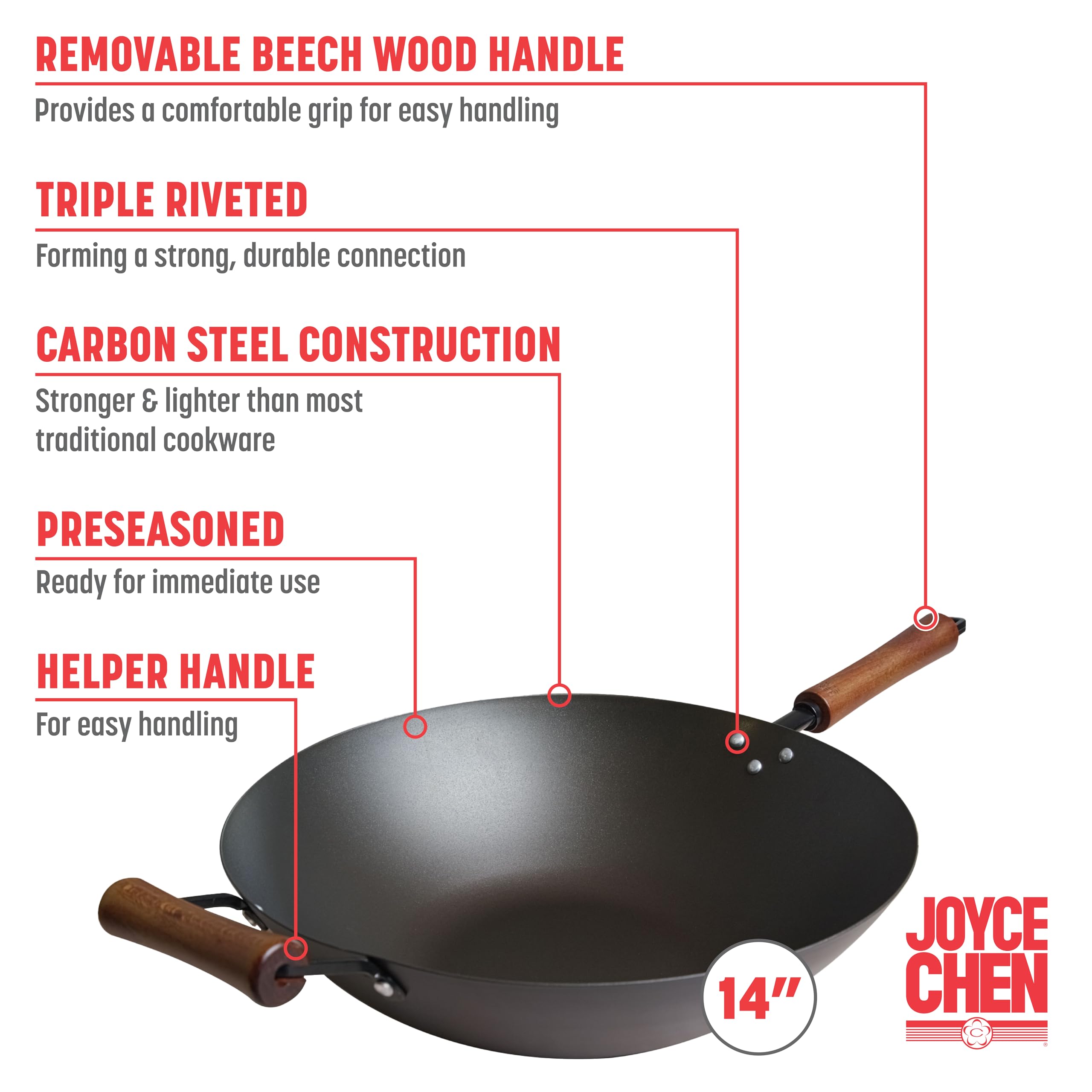 JOYCE CHEN close-up of preseasoned surface highlighting improved nonstick and flavor