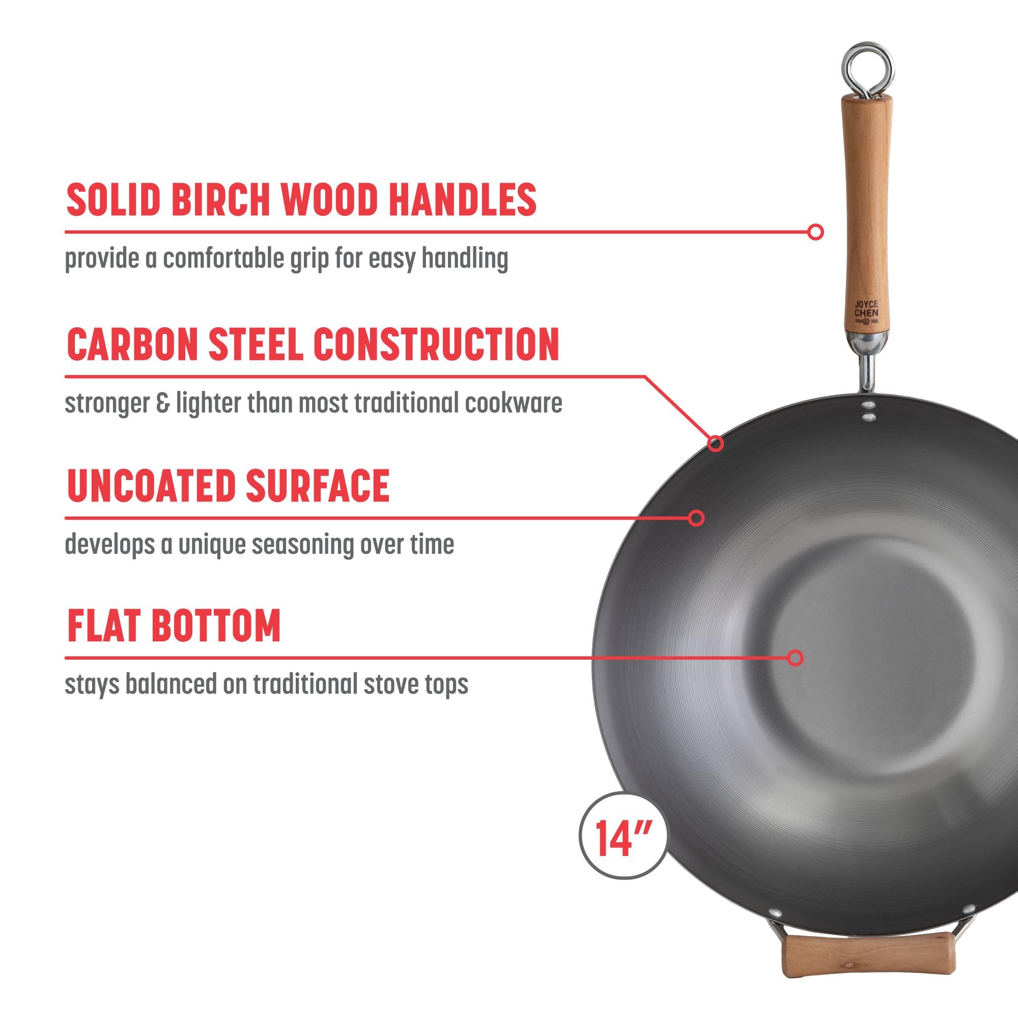 JOYCE CHEN flat bottom detail ensuring stove stability and even heat