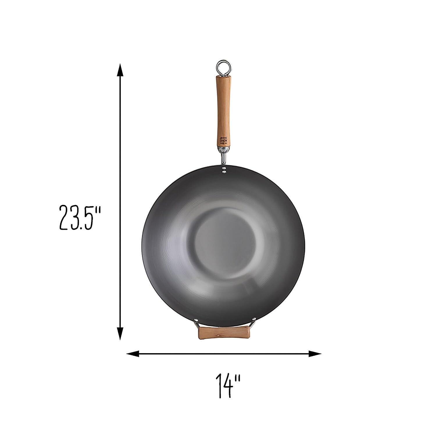 JOYCE CHEN wok size comparison beside a skillet to show 14-inch scale