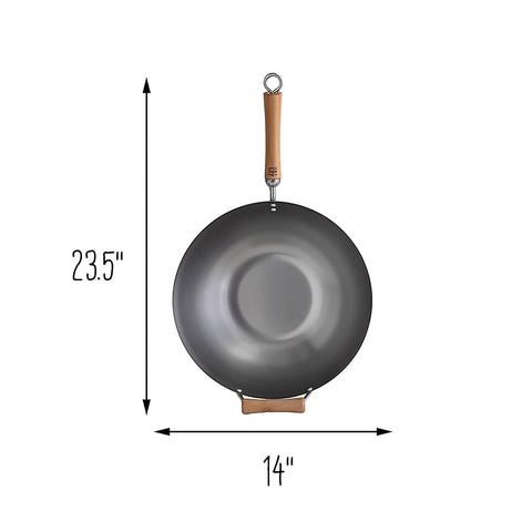 JOYCE CHEN wok size comparison beside a skillet to show 14-inch scale