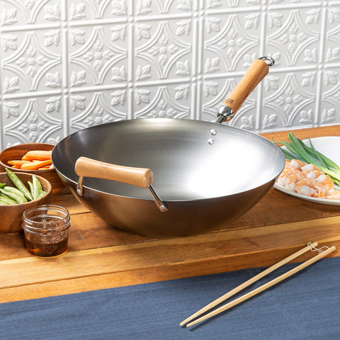 JOYCE CHEN wok size comparison with utensils to show capacity