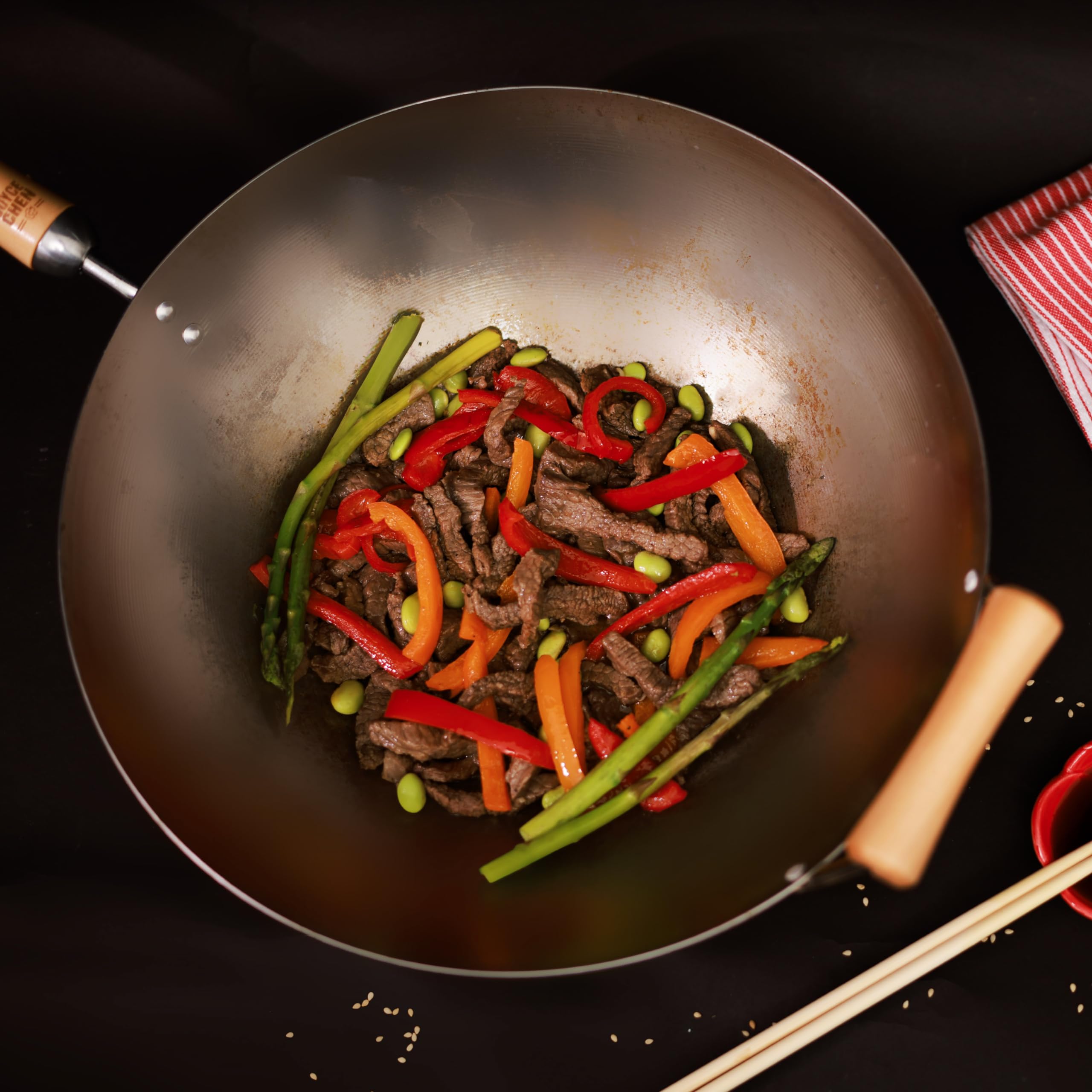 JOYCE CHEN wok stored on shelf demonstrating easy kitchen storage