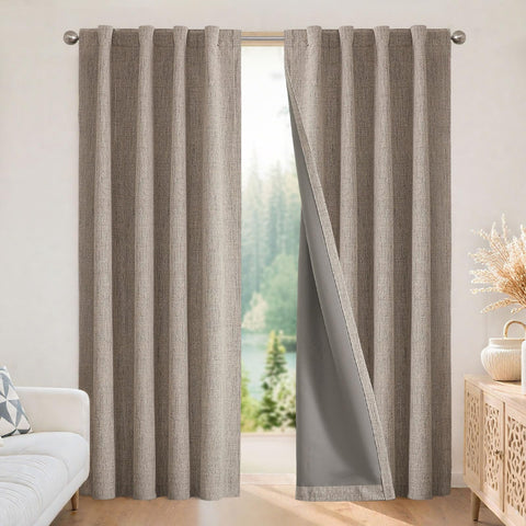 Joydeco front view of curtain set showing neutral linen look and elegant drape