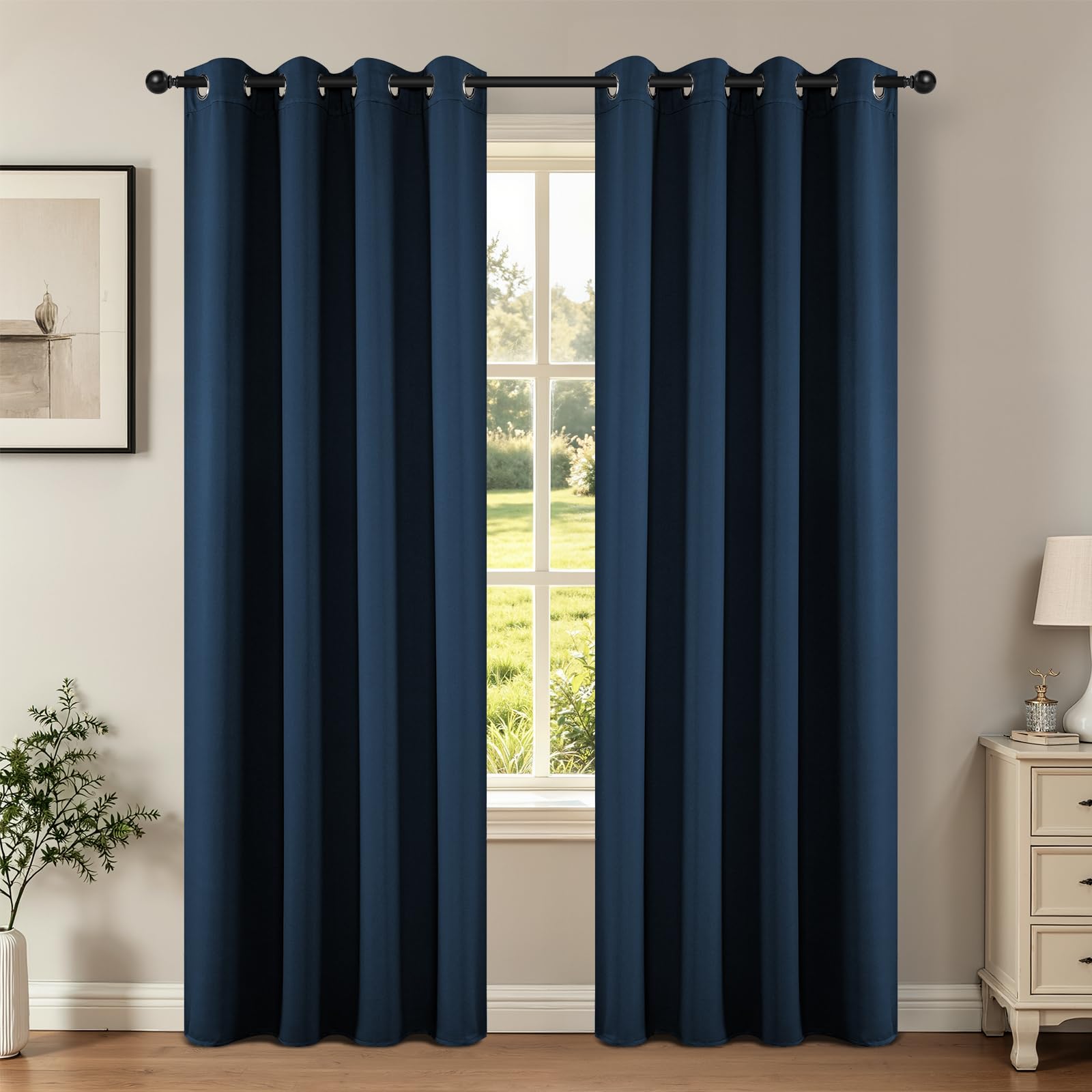 Joydeco navy blue curtains front view showing clean drape and immediate benefit: room darkening