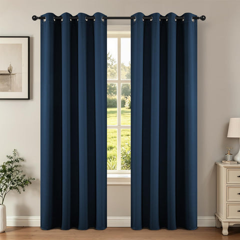 Joydeco navy blue curtains front view showing clean drape and immediate benefit: room darkening