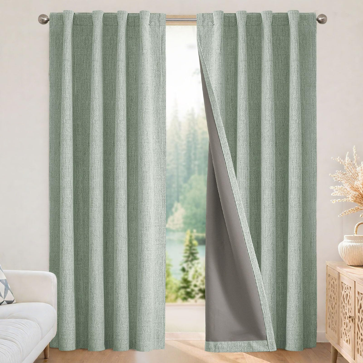 joydeco front packaging sage green curtains showing product and color benefits