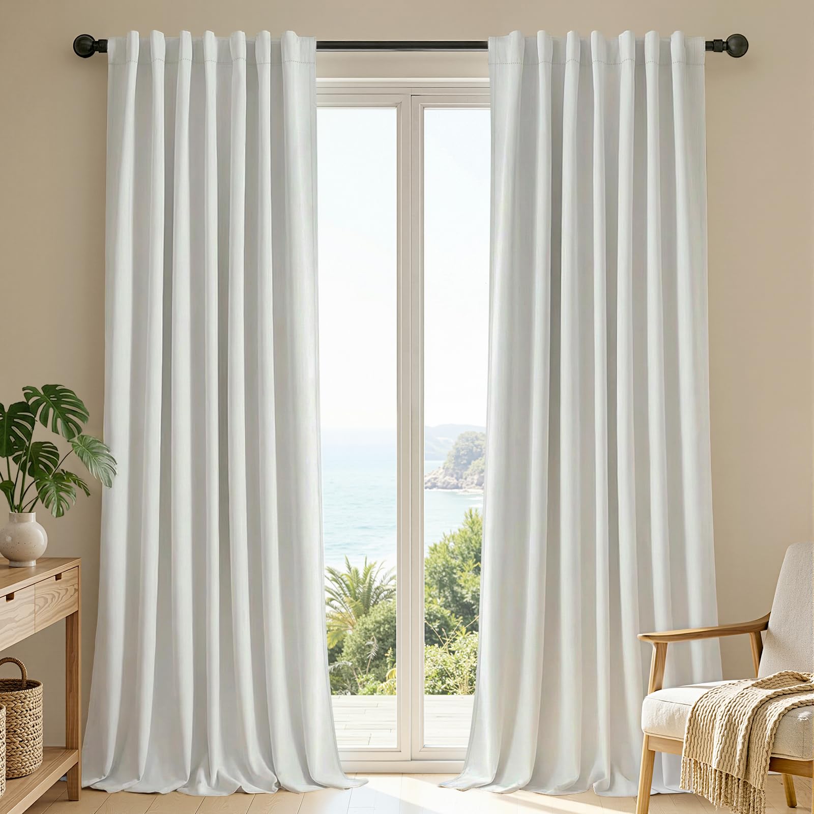 Joydeco front view of full-length panels showing clean white blackout benefit