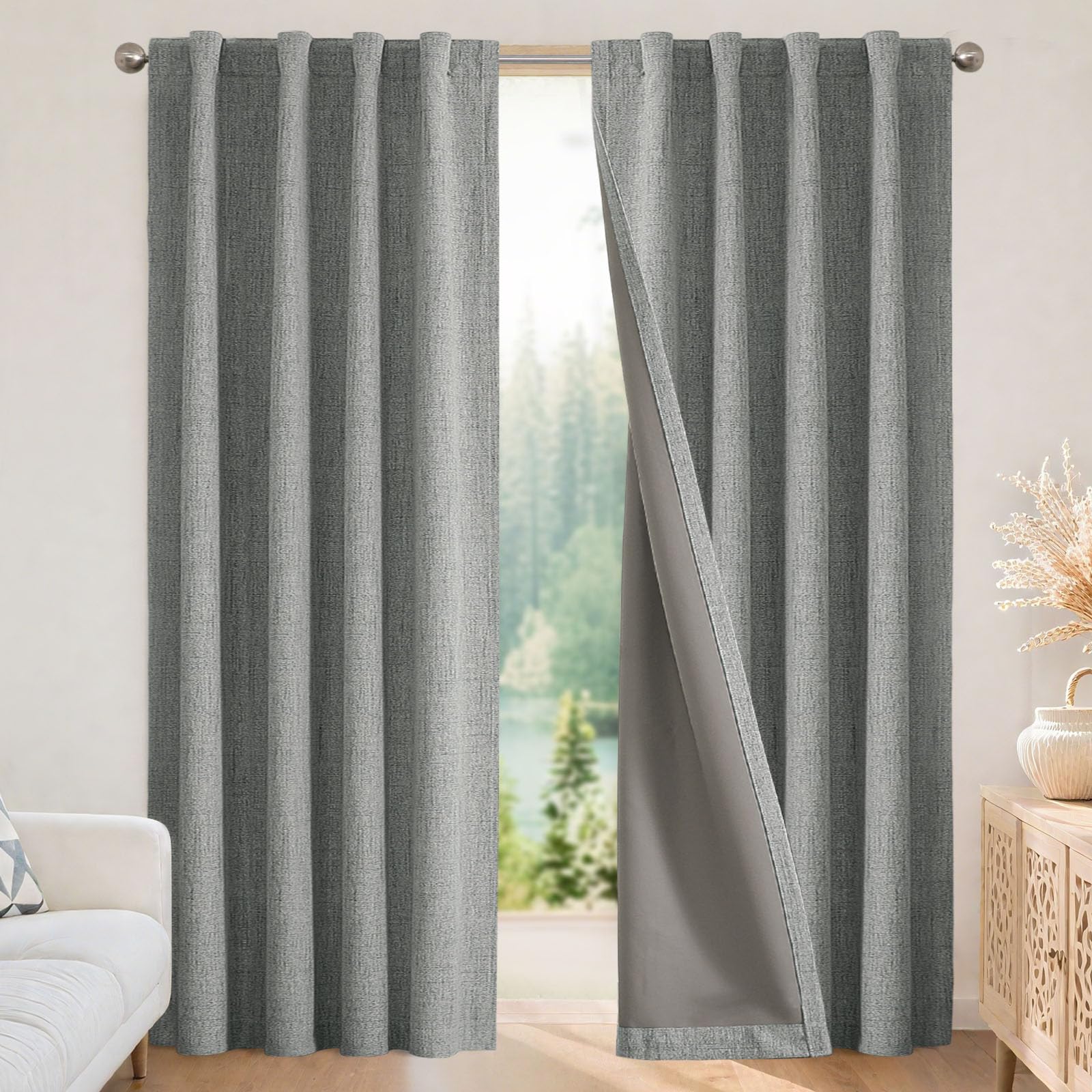 Joydeco front view light grey panels showing full coverage and neat drape