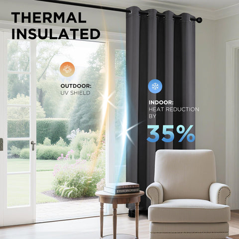 Joydeco curtains in a styled bedroom, improves darkness and restful sleep
