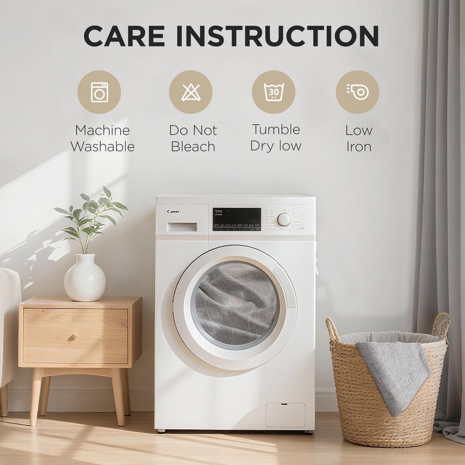 Joydeco care label close-up highlighting machine-washable convenience