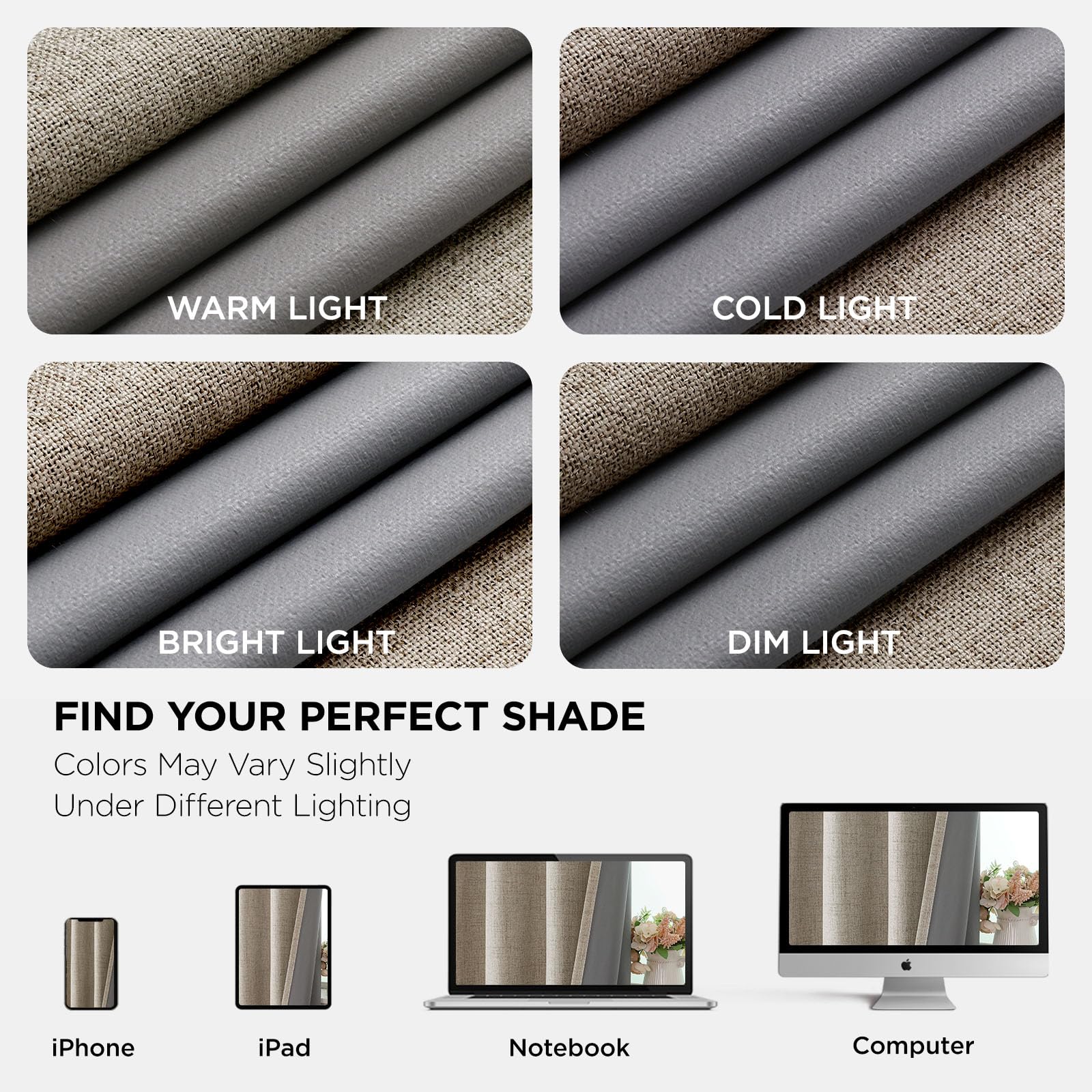 Joydeco packaged curtains with label showing included panel sizes and care info