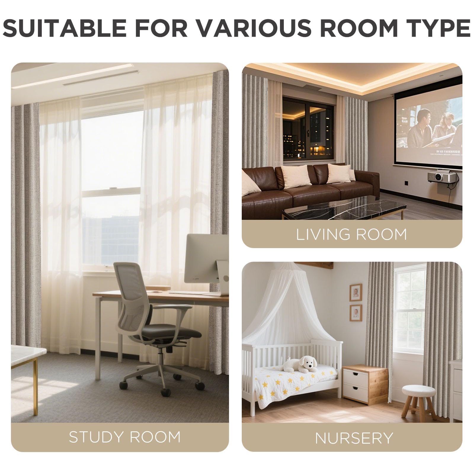 Joydeco curtain beside measuring tape showing 42x63 size for accurate fit