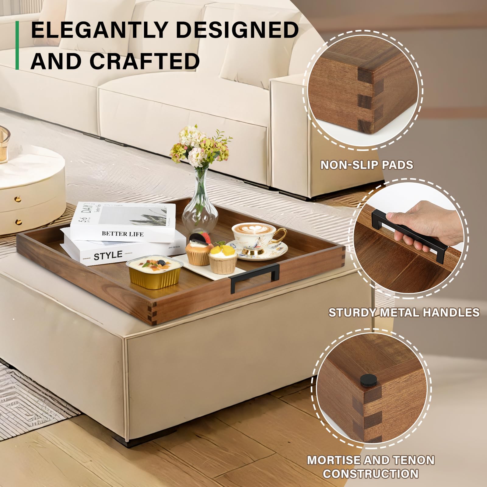 Joy&Grace metal handle detail emphasizing sturdy carry support and easy transport benefits