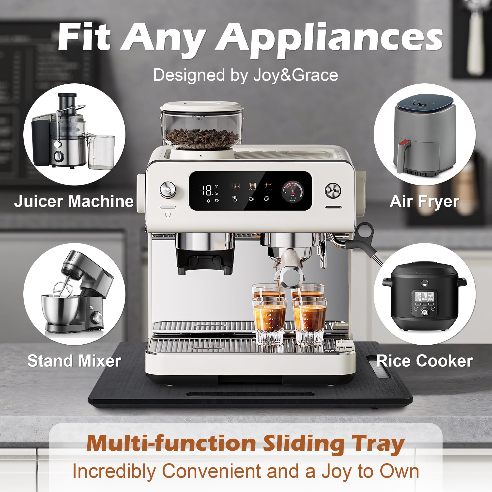 Joy&Grace scale comparison with coffee pot illustrating large 16x13 fit