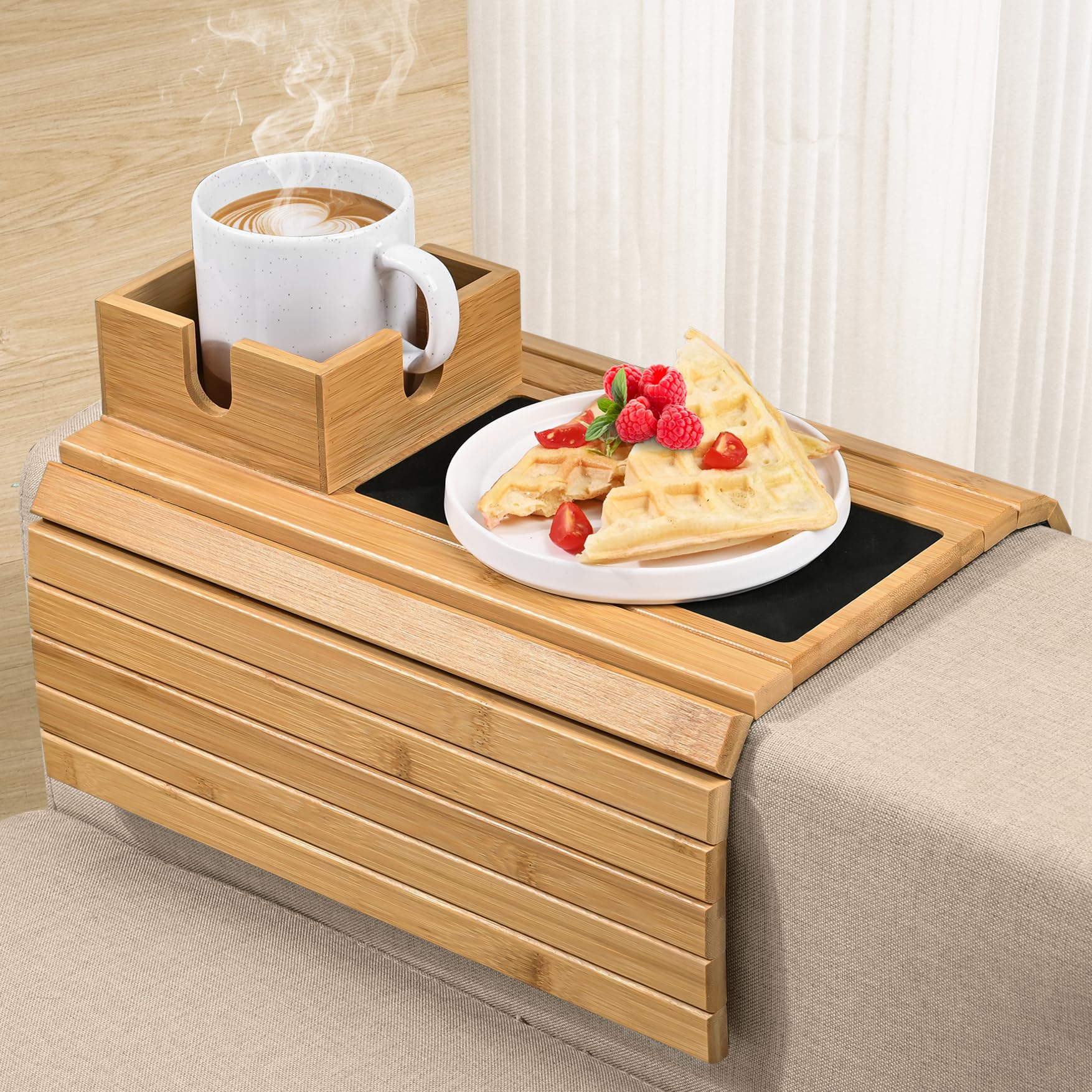 Joy&Grace front view of bamboo armrest tray showing sturdy surface benefit