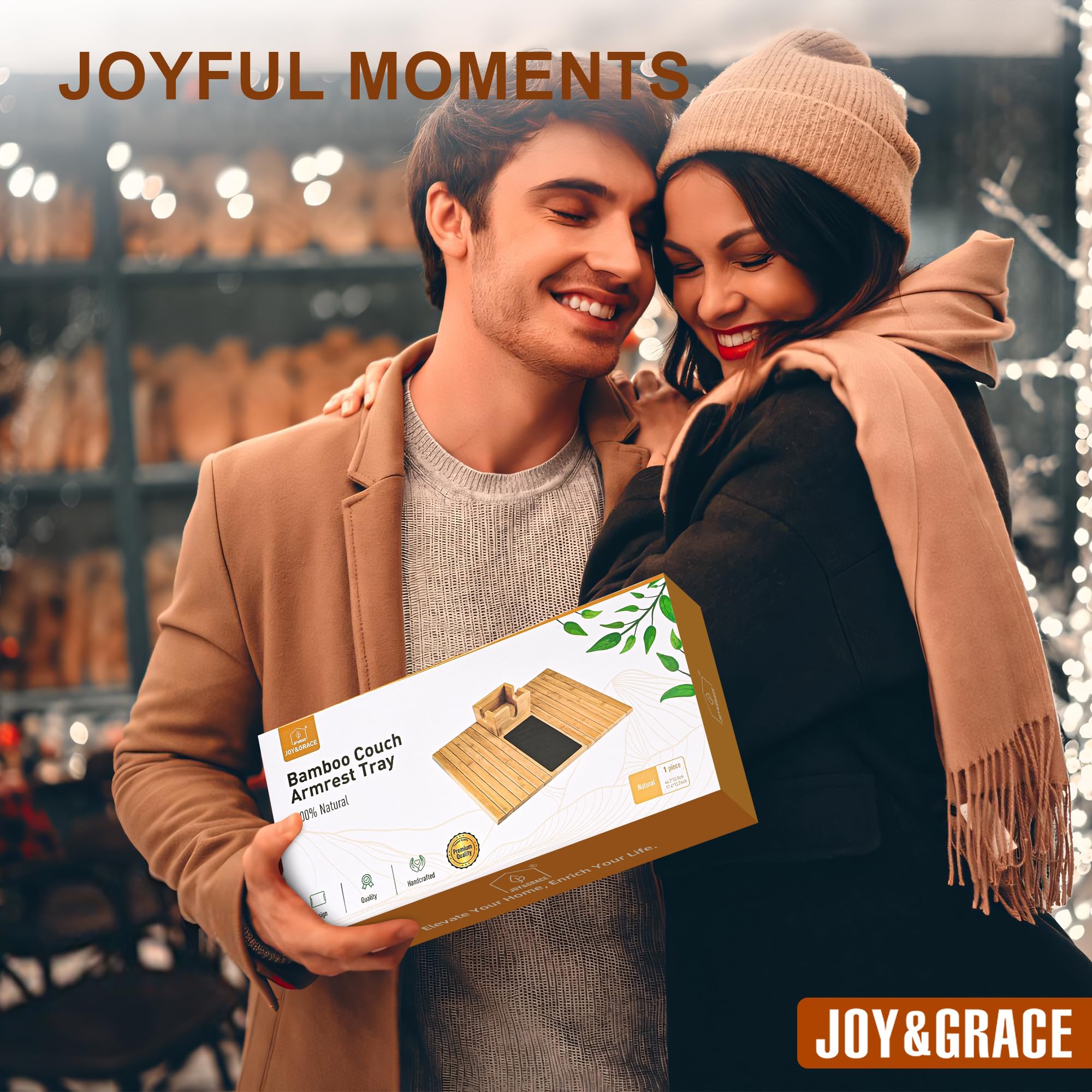 Joy&Grace tray placed on couch with snacks and drink for spill prevention