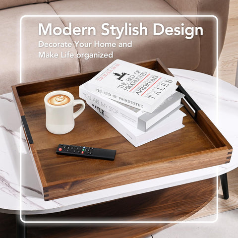 Joy&Grace styled on an ottoman demonstrating how the tray creates a stable surface for living rooms