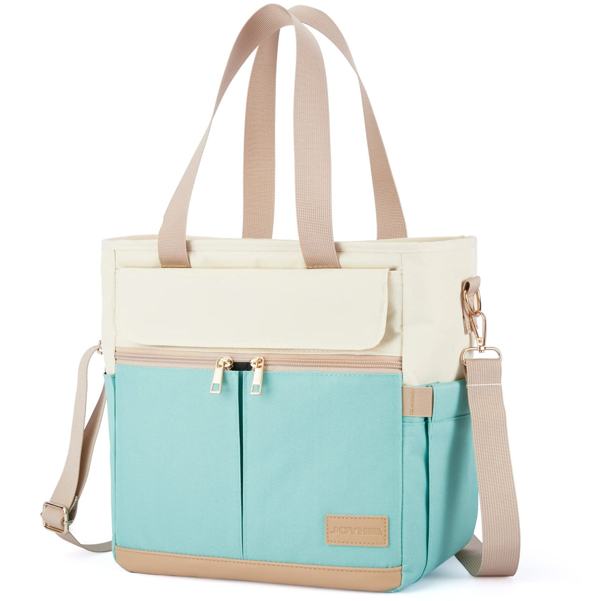 JOYHILL front view of E-GREEN lunch bag shows compact durable polyester exterior and zip benefit