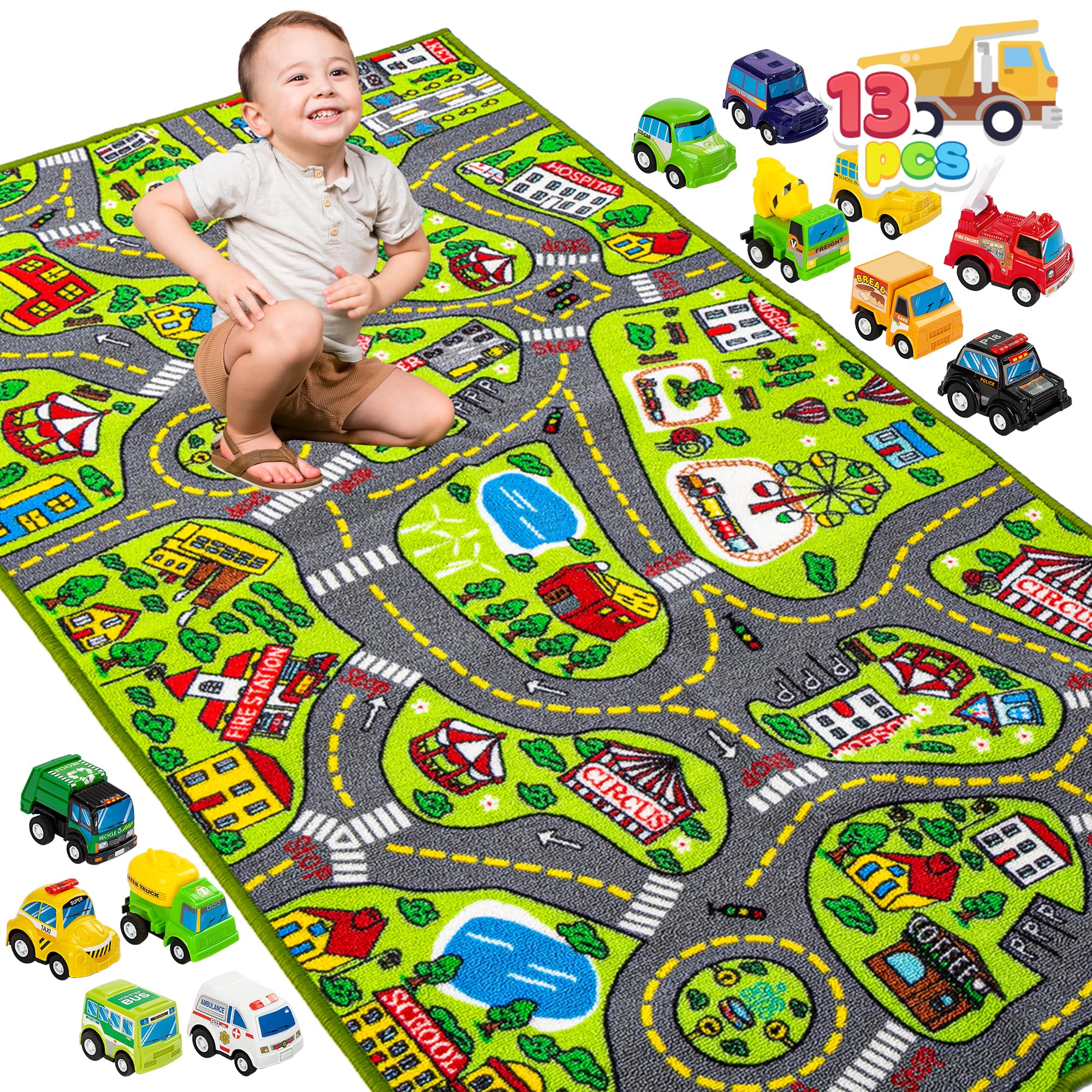 JOYIN front packaging showing city playmat and vehicles for quick setup benefit