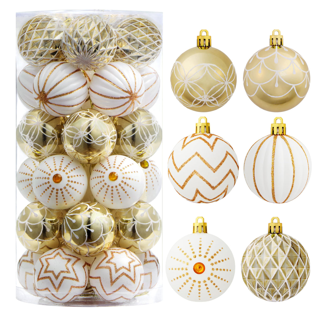 JOYIN front view of 30-piece gold and white ornament set showing variety and value
