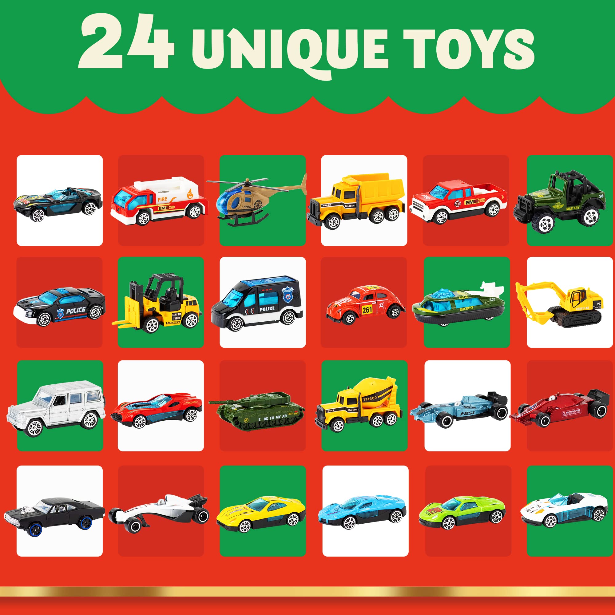JOYIN open calendar with all 24 die-cast cars displayed, showcases collection variety