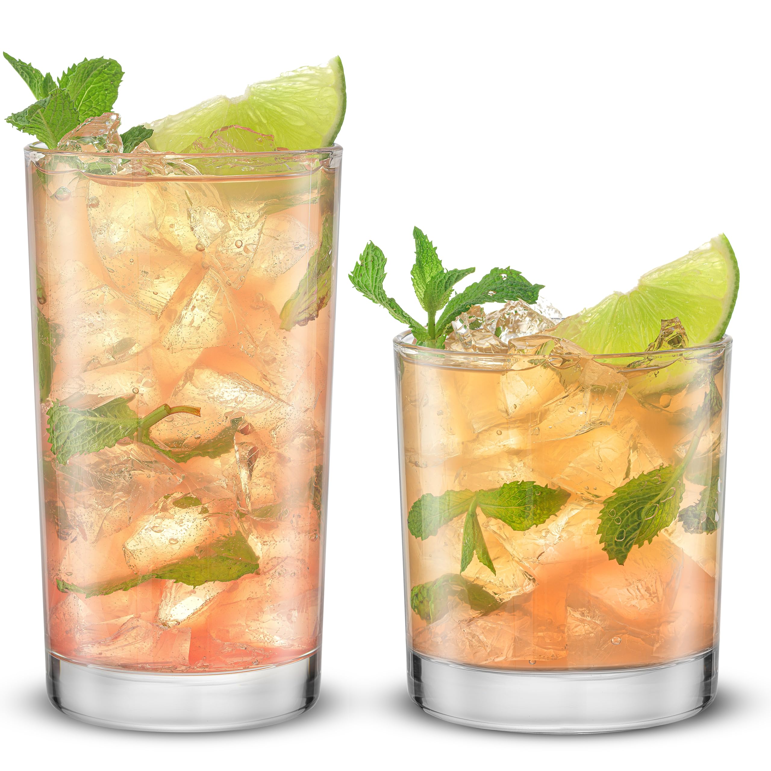 JoyJolt Alain front view set showing both highball and lowball glasses for versatile serving