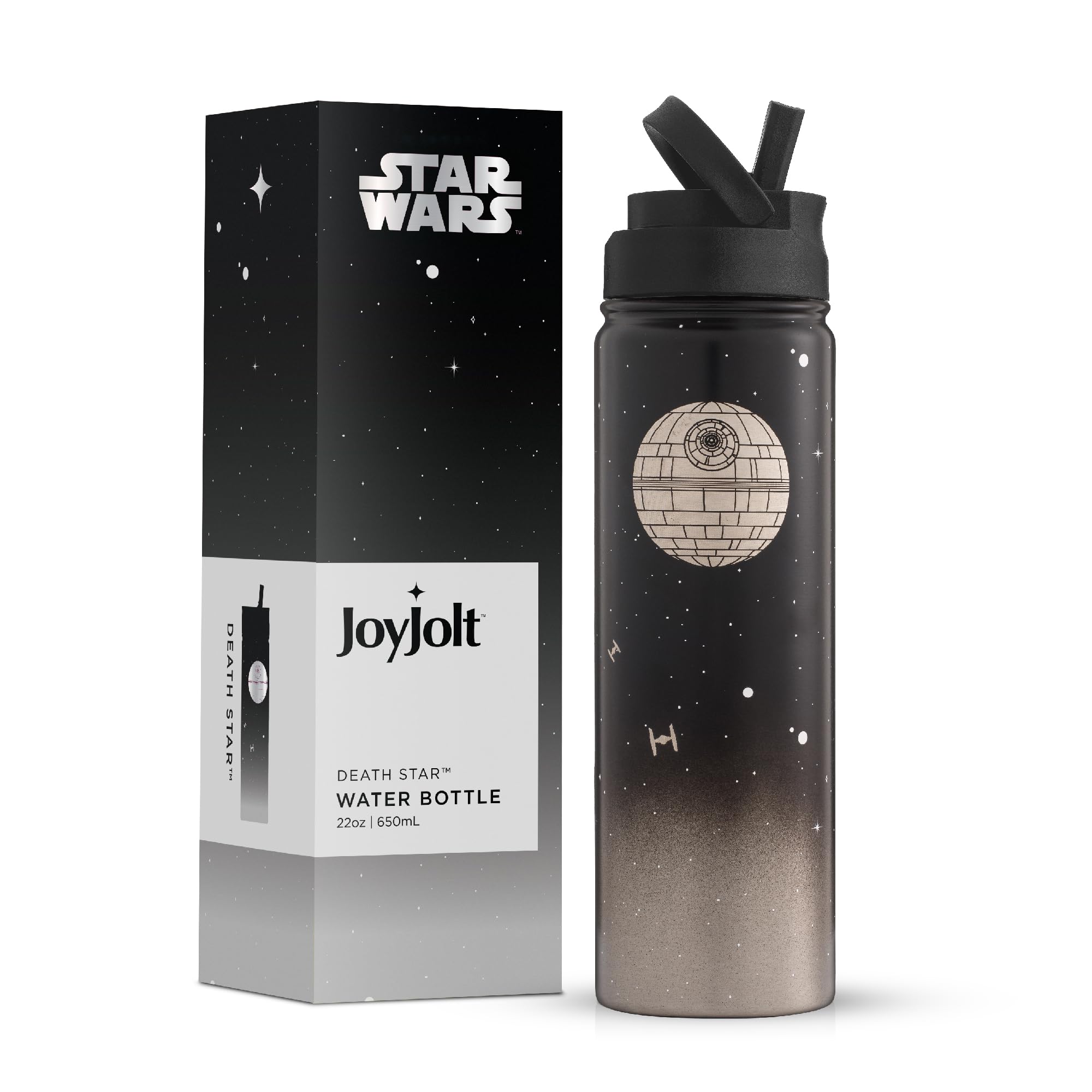 JoyJolt Death Star bottle front view showing design and finish benefit: collectible appeal