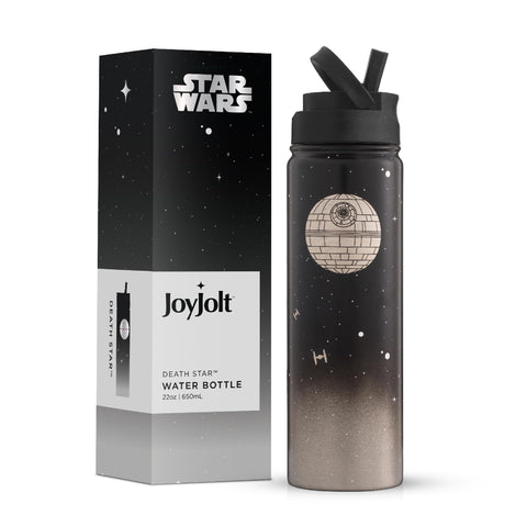 JoyJolt Death Star bottle front view showing design and finish benefit: collectible appeal