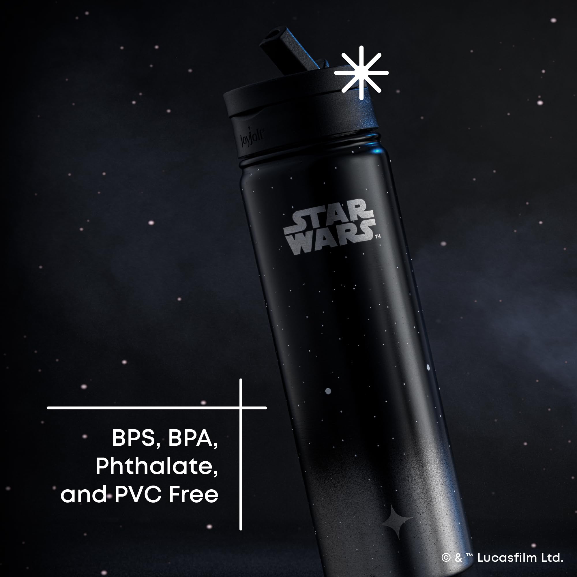 JoyJolt Death Star straw lid close-up showing flip-top action benefit: easy sipping