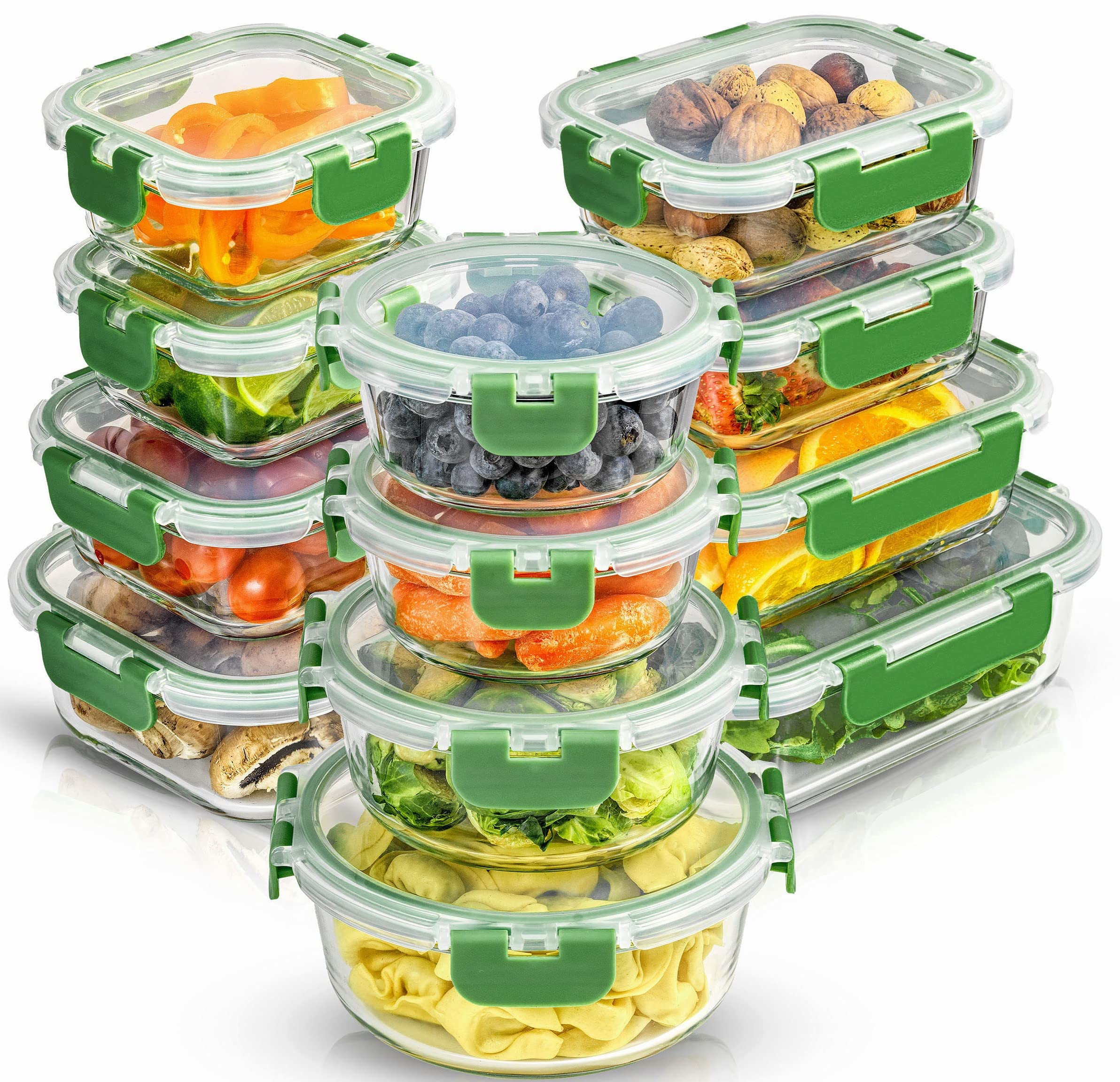 JoyJolt front packaging showing full 24-piece glass storage set and neat box benefit