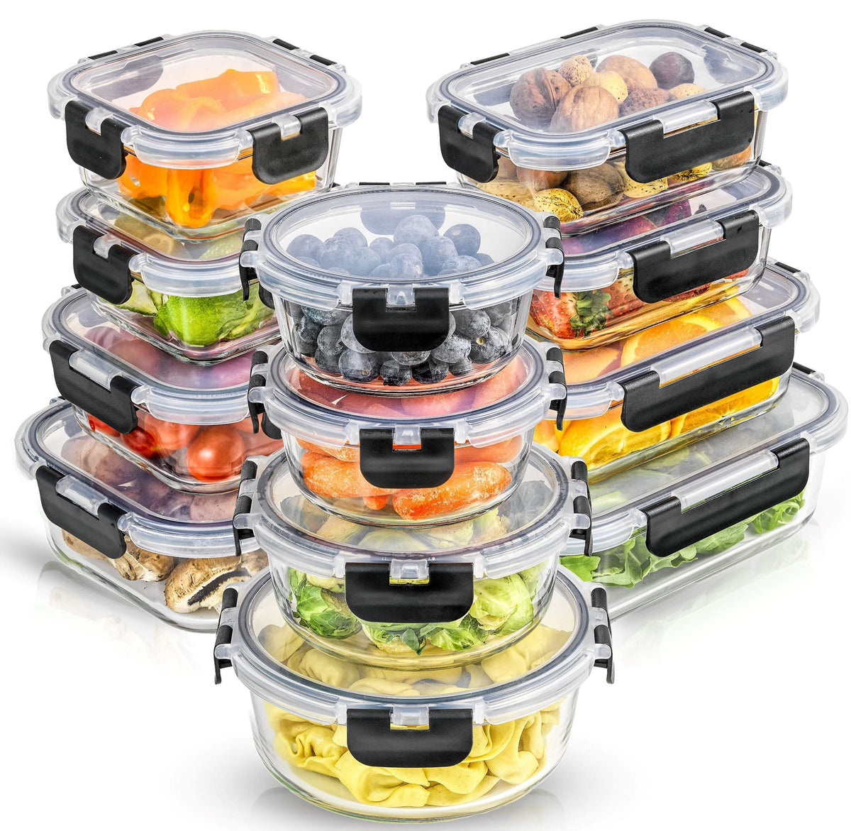 JoyJolt front packaging showing full 24-piece glass storage set and benefits