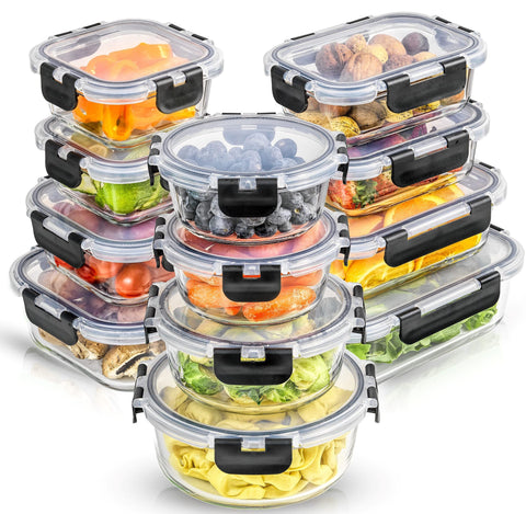 JoyJolt front packaging showing full 24-piece glass storage set and benefits