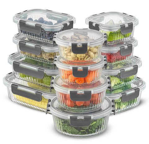 JoyJolt front packaging showing full 24-piece glass storage set and tidy presentation