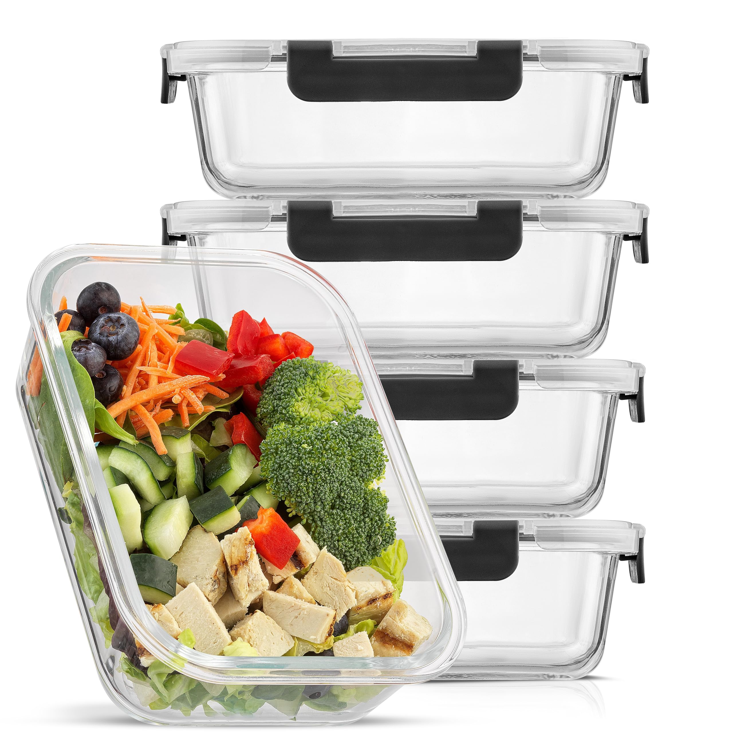 JoyJolt front packaging showing five glass meal prep containers and lids for organized storage