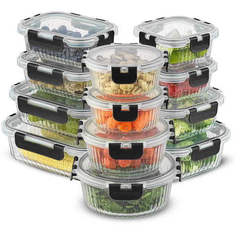 JoyJolt full 24pc set front view showing organized glass containers and lids, durable storage benefit