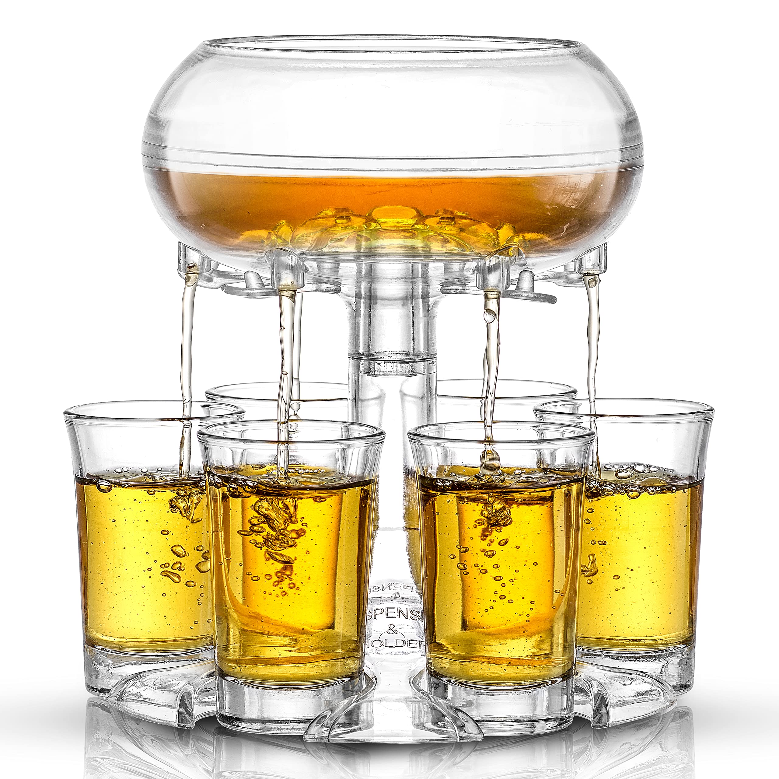 JoyJolt front view of dispenser set showing six glass shots and elegant design benefit: neat serving