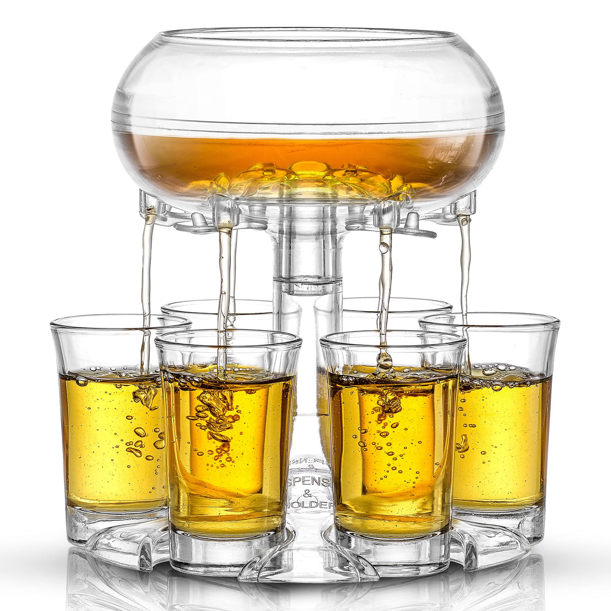 JoyJolt front view of dispenser set showing six glass shots and elegant design benefit: neat serving