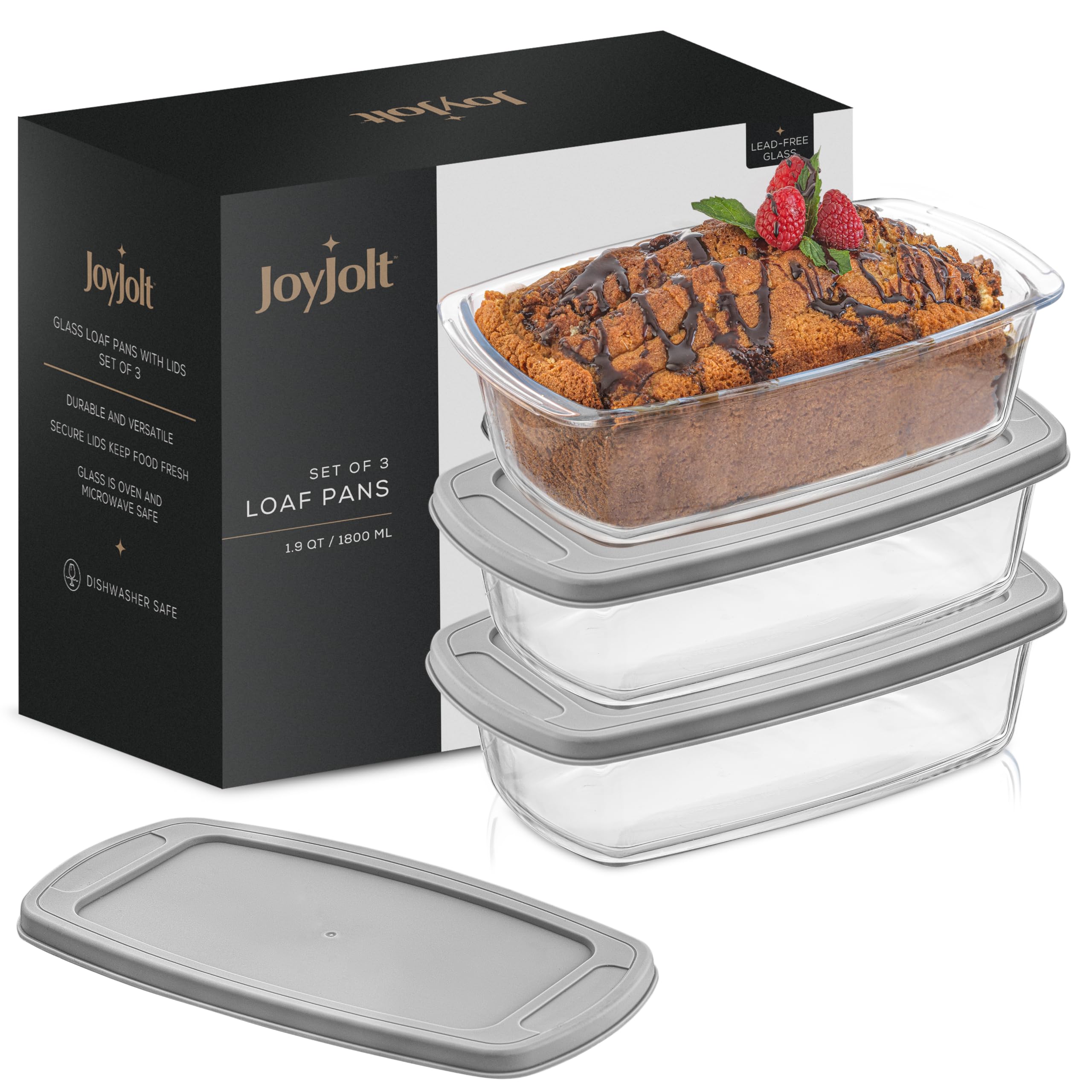 JoyJolt front view of three glass loaf pans with lids showing utility