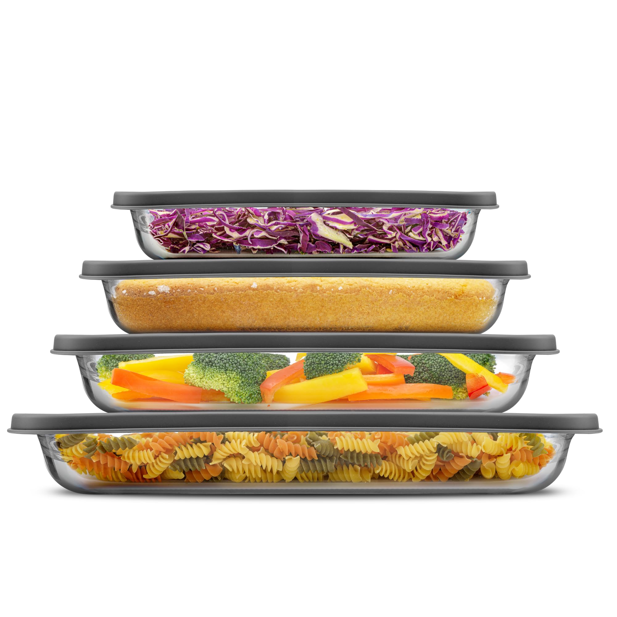 JoyJolt front view of four rectangular glass baking dishes showing sizes and lids, ideal for serving