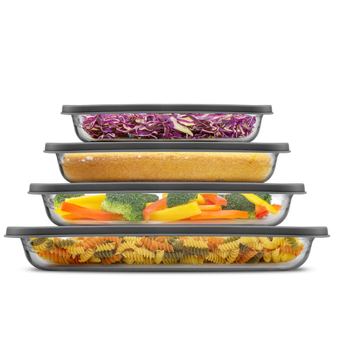 JoyJolt front view of four rectangular glass baking dishes showing sizes and lids, ideal for serving