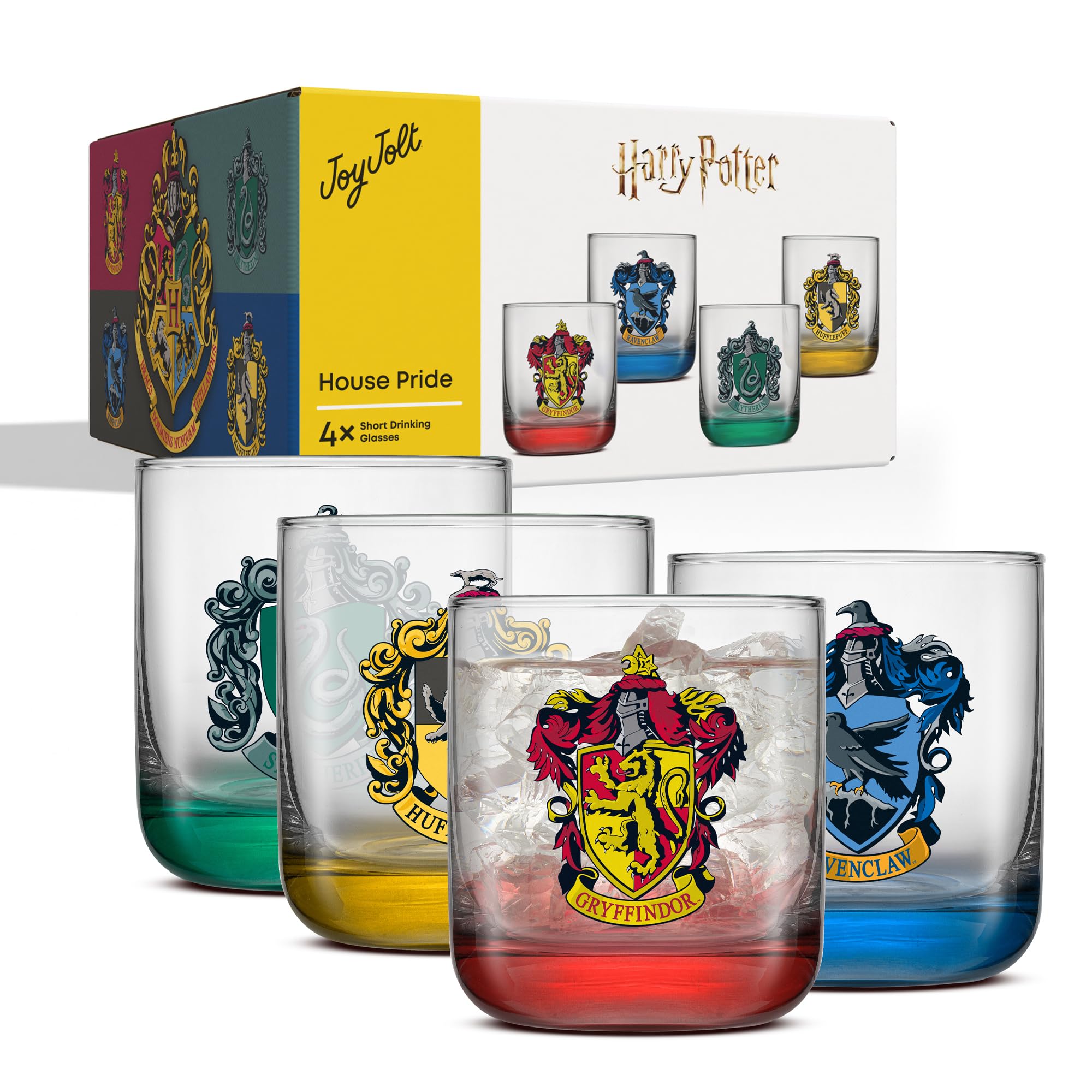 JoyJolt Ravenclaw and Hufflepuff glasses side-by-side showing distinct house colors