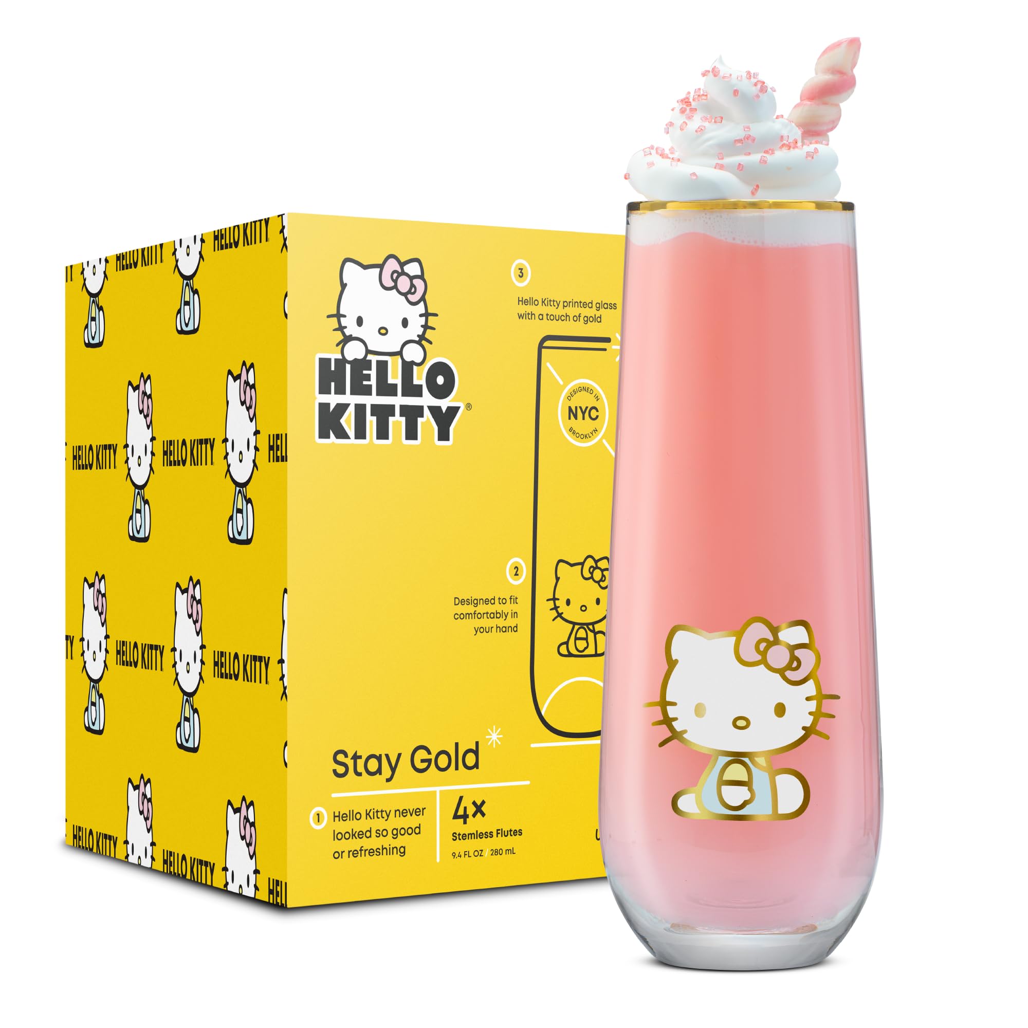 JoyJolt close detail of Hello Kitty artwork and logo showing licensed design and visual charm benefit