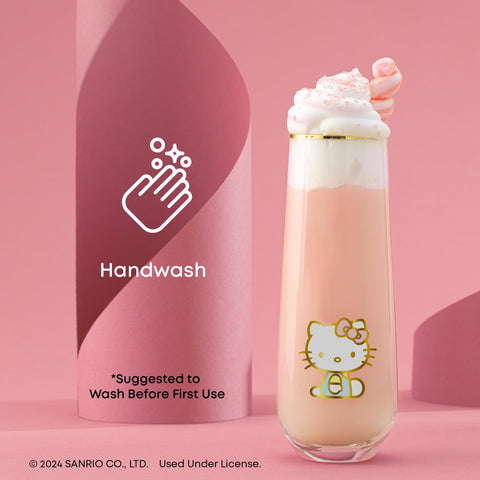 JoyJolt Hello Kitty glass poured with orange juice showing everyday use and refreshment benefit