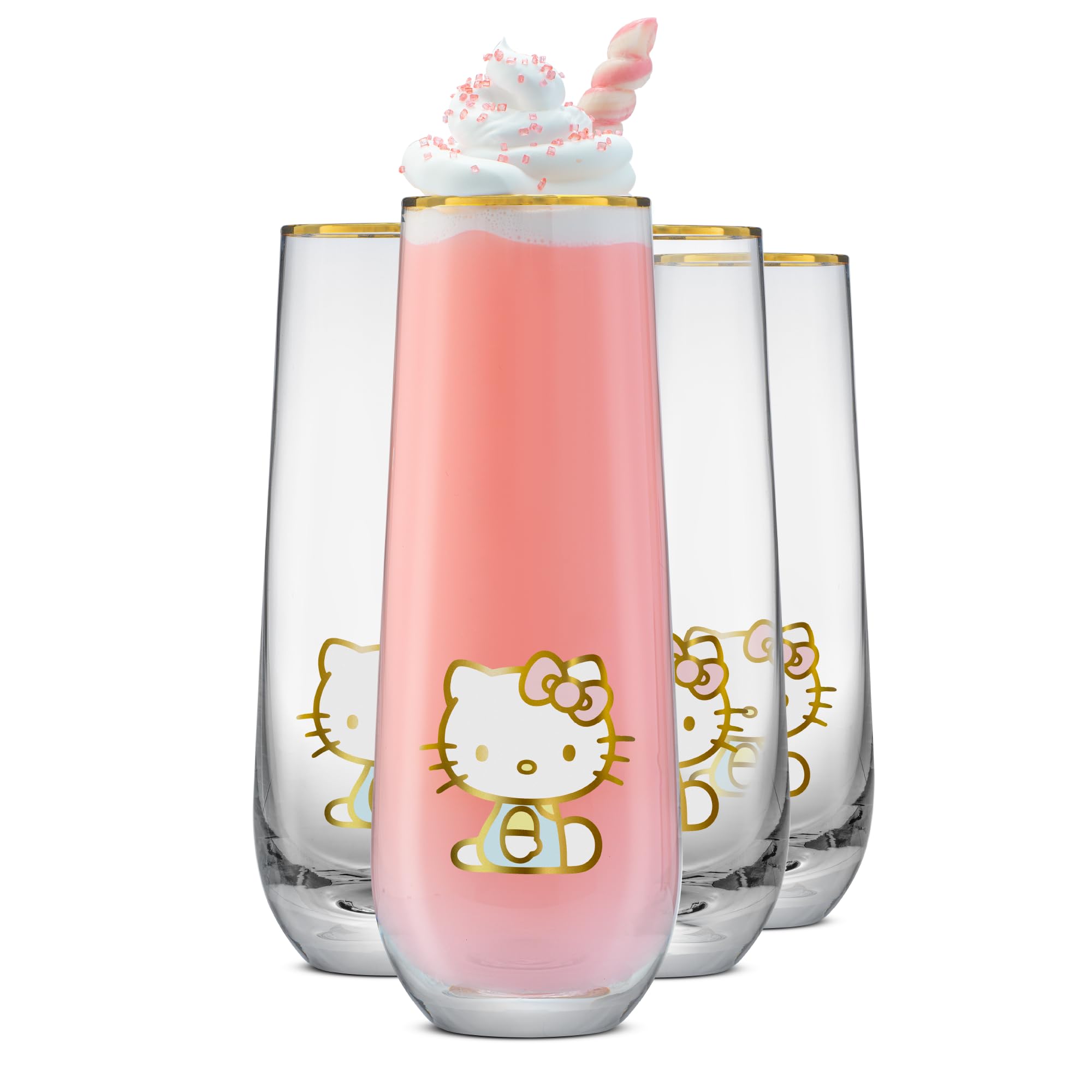 JoyJolt front view of Hello Kitty stemless flutes showing set of four and packaging benefit: collectible presentation