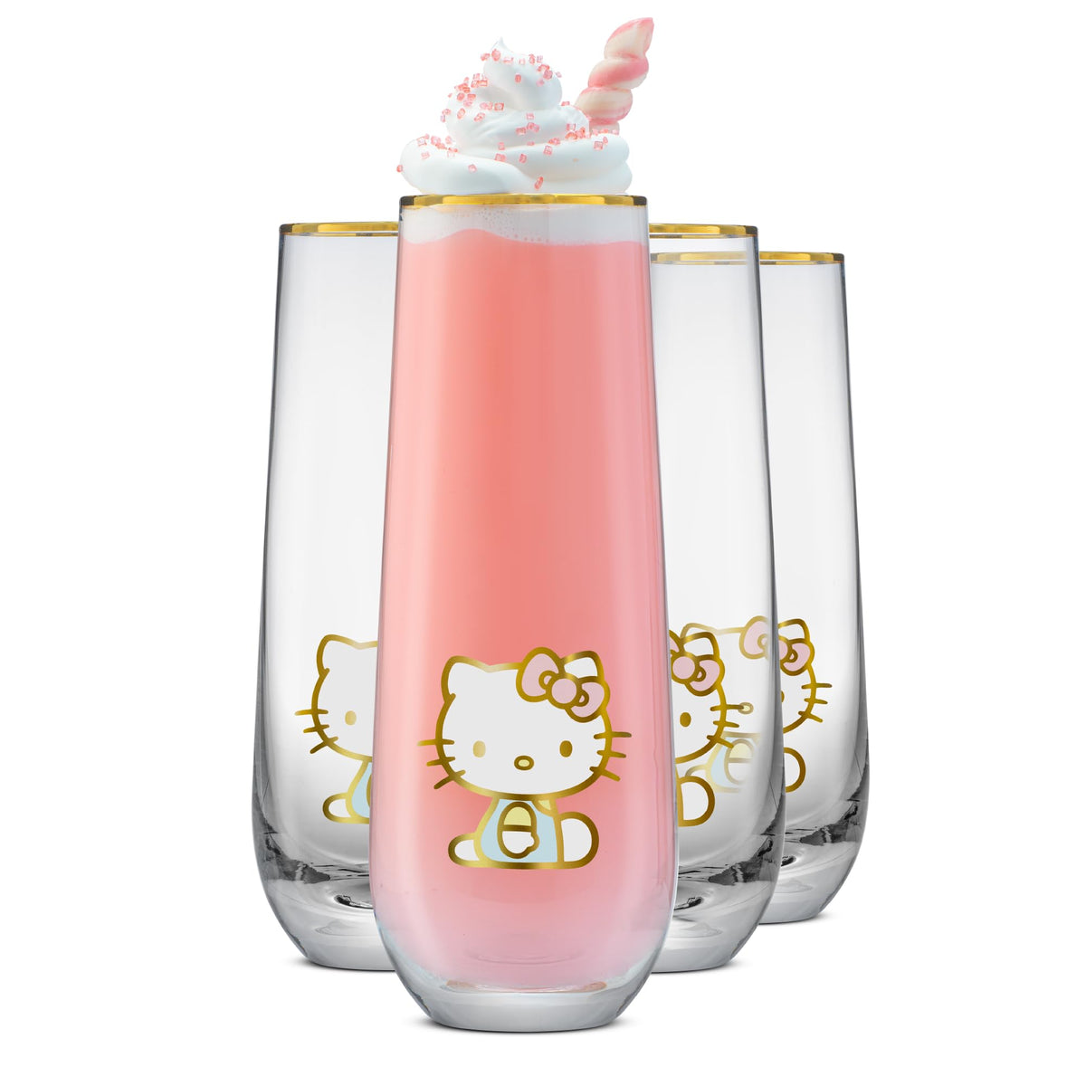 JoyJolt front view of Hello Kitty stemless flutes showing set of four and packaging benefit: collectible presentation