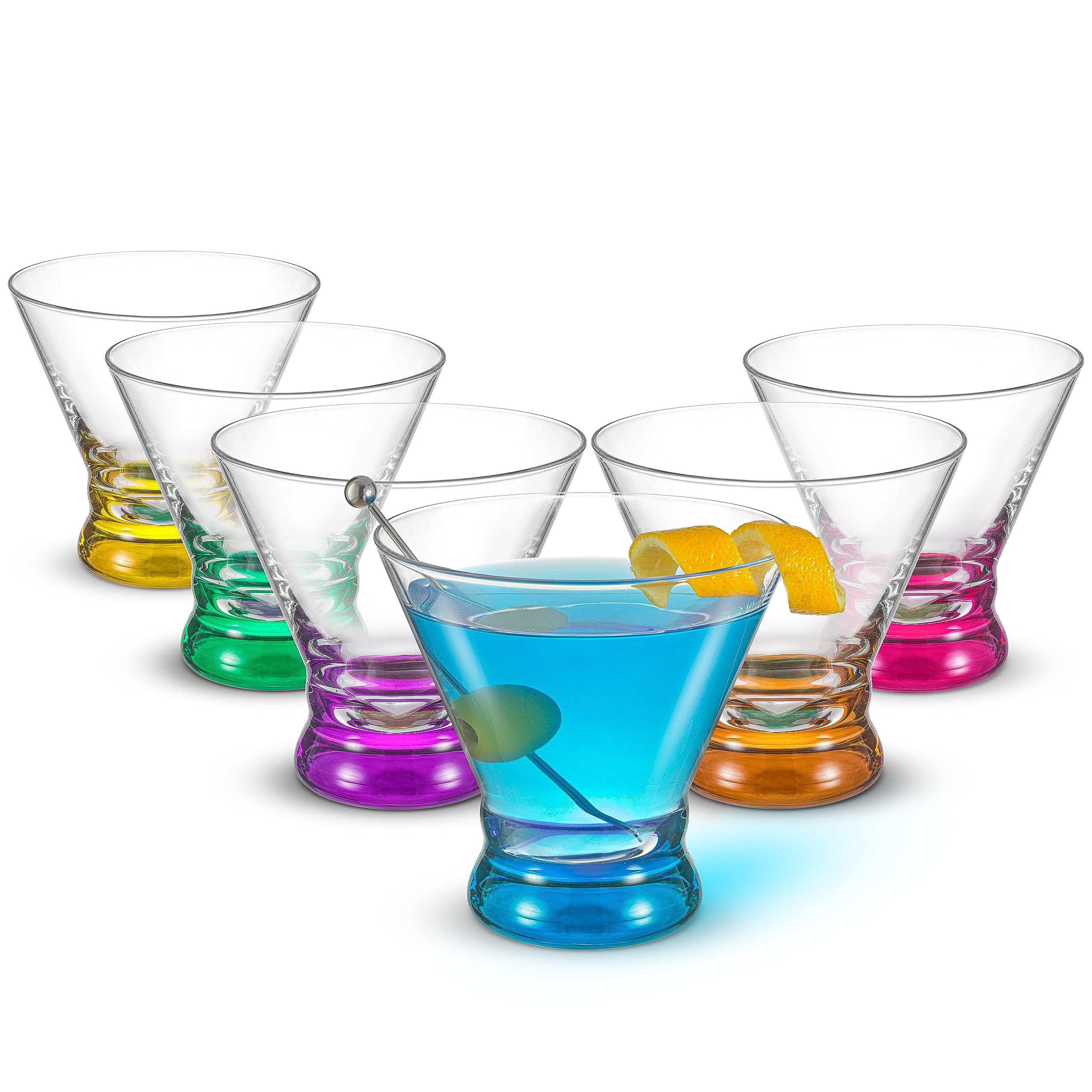 JoyJolt front-packaging showing six colorful base martini glasses ready to gift