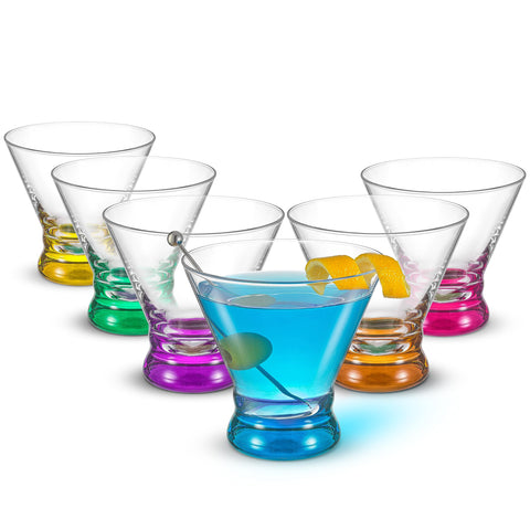 JoyJolt front-packaging showing six colorful base martini glasses ready to gift
