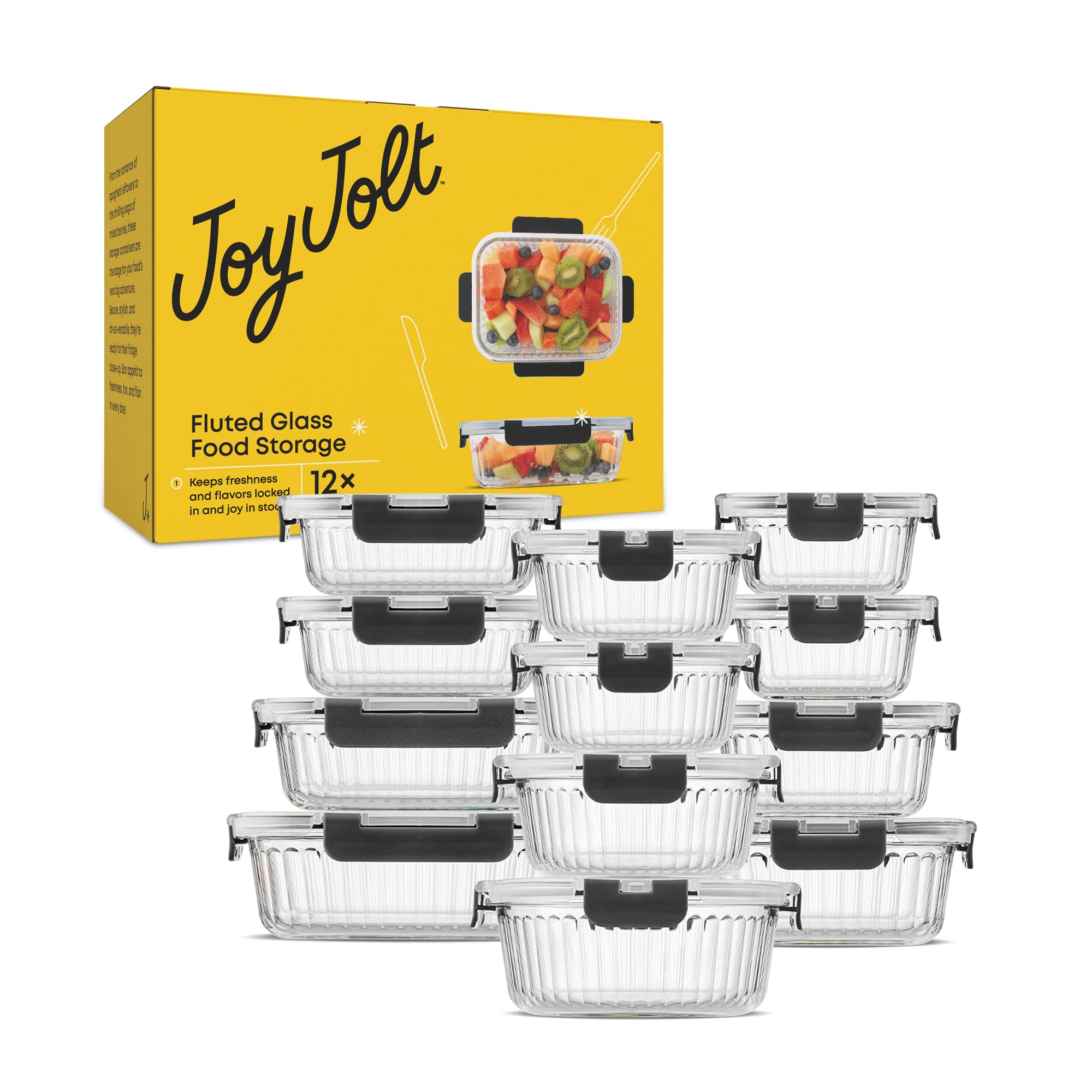 JoyJolt meal-prep containers on kitchen table with food, conveys stylish serving and convenience benefit