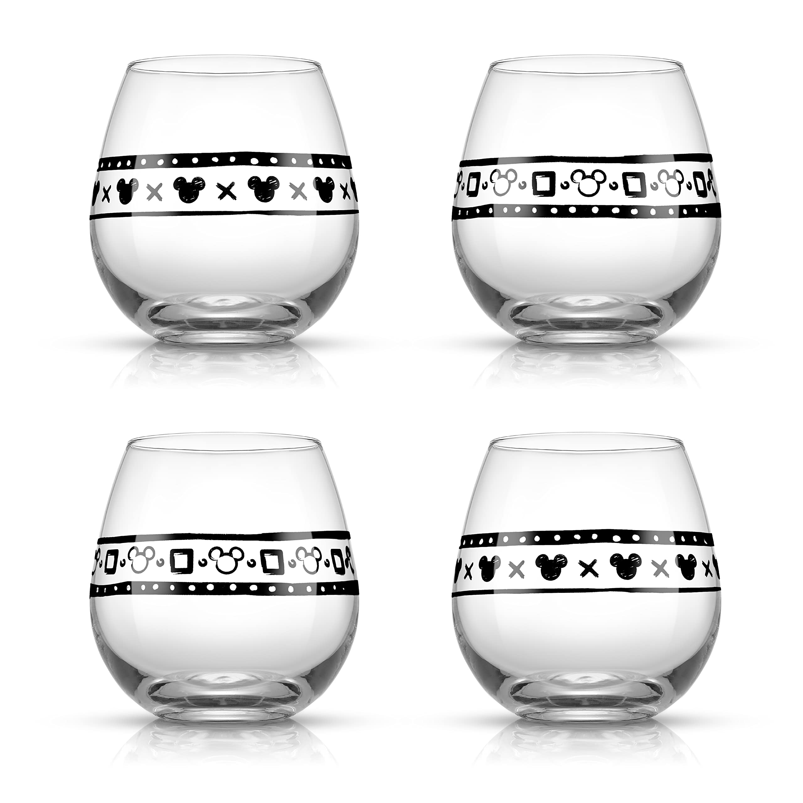 JoyJolt Mickey Mouse stemless glass front view showing geometric pattern and capacity