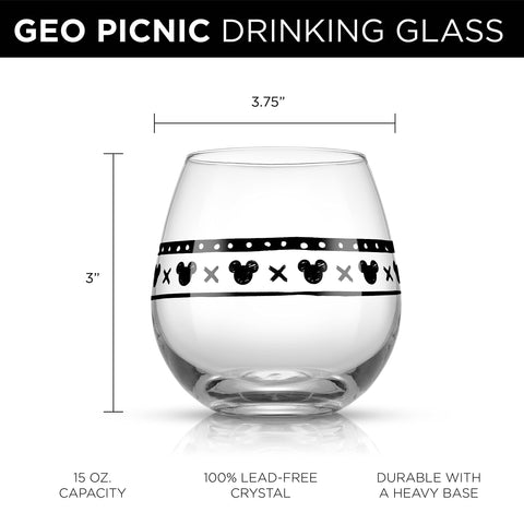 JoyJolt glass beside wine bottle showing 15-ounce size and serving scale